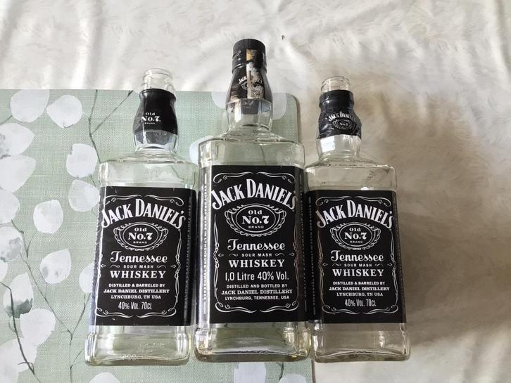 3 lege Jack Daniel’s whiskey flessen en glas, Verzamelen, Biermerken, Ophalen of Verzenden