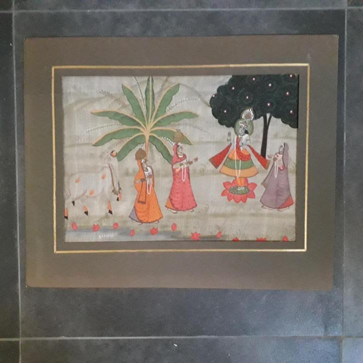 Pichwai handschilderij op zijde van Krishna met entourage, Antiek en Kunst, Kunst | Schilderijen | Klassiek, Ophalen of Verzenden