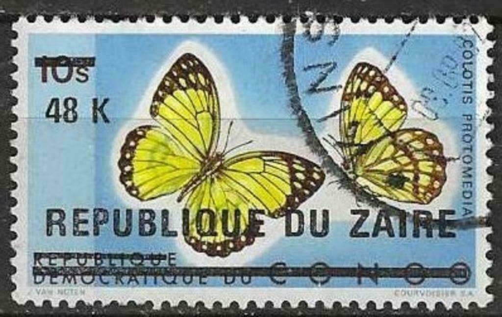 Zaire 1977 - Yvert 890 - Vlinders met opdruk (ST), Postzegels en Munten, Verzenden, Gestempeld