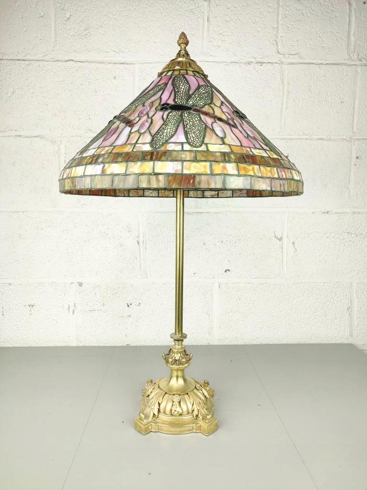 Zeer grote antieke Tiffany lamp op verguld bronzen voet, Huis en Inrichting, Lampen | Tafellampen, Zo goed als nieuw, Ophalen