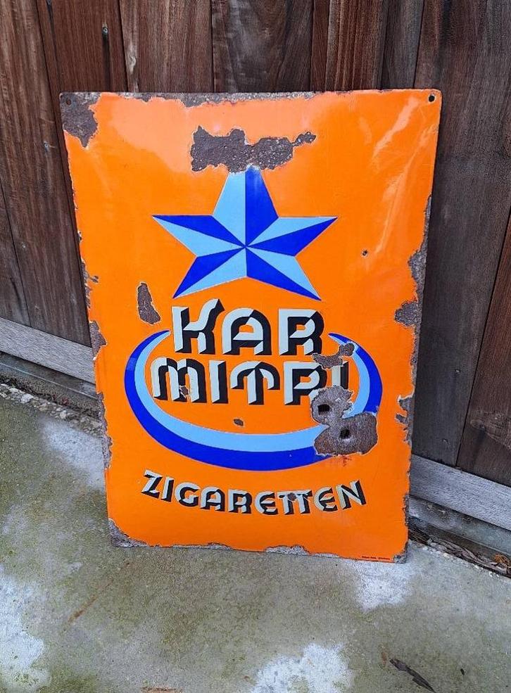 Stoer antiek emaille reclamebord, KAR MITRI zigaretten., Collections, Marques & Objets publicitaires, Utilisé, Panneau publicitaire