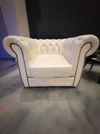 Volledig leren Chesterfield fauteuil met witte bekleding, Huis en Inrichting, Ophalen, Gebruikt, Leer
