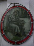 Vintage Brugse kantwerkster in loodglas. Ovale vorm, Ophalen