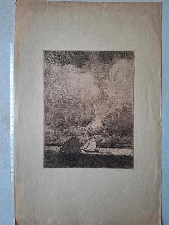 Ets Richard Baseleer "Bootjes op de Schelde bij regenweer", Antiek en Kunst, Kunst | Etsen en Gravures, Ophalen of Verzenden