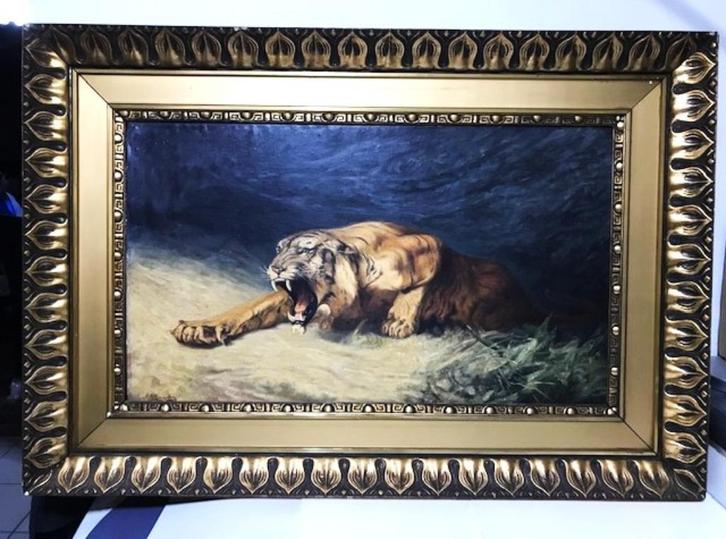 Schilderij Tijger olie op doek en paneel 82 x 57😍💑🎁🤗👌, Antiek en Kunst, Kunst | Schilderijen | Klassiek, Ophalen of Verzenden