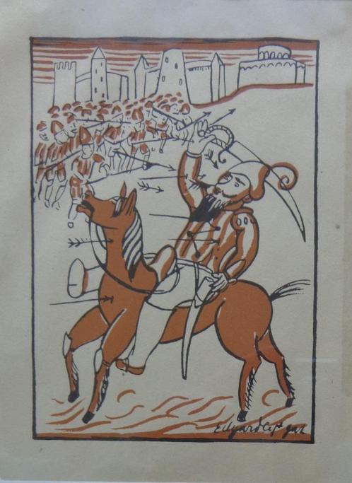 EDGARD TYTGAT / STRIJDER TE PAARD / KLEURHOUTSNEDE / 32x23cm, Antiek en Kunst, Kunst | Litho's en Zeefdrukken, Ophalen of Verzenden