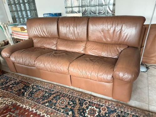 Bruin lederen relax bankstel, Huis en Inrichting, Zetels | Zetels, Gebruikt, Rechte bank, Driepersoons, 200 tot 250 cm, 75 tot 100 cm