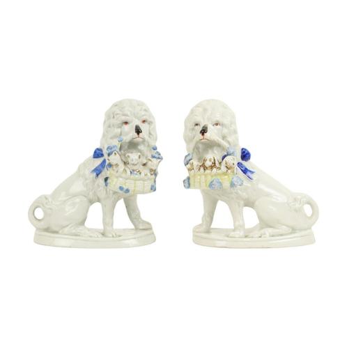 Koppel Honden Poedel Beelden Porselein 19de Eeuw Jugendstil, Antiquités & Art, Antiquités | Porcelaine, Enlèvement ou Envoi