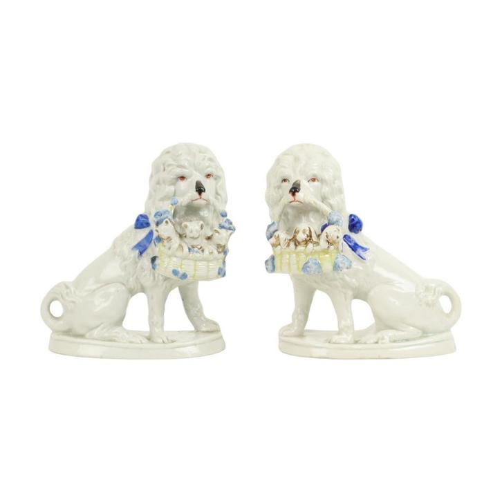 Koppel Honden Poedel Beelden Porselein 19de Eeuw Jugendstil, Antiek en Kunst, Antiek | Porselein, Ophalen of Verzenden
