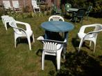 ronde blauwe pvc tuintafel , 4 en 6  witte stoelen, Ophalen, Vierkant