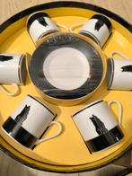 six tasses et soucoupes en porcelaine à décor de chats noirs, Enlèvement ou Envoi, Comme neuf, Assiettes(s)