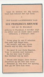Luc Franciscus ARDUWIE Turnhout 1949 - 1950 (kind), Verzamelen, Bidprentjes en Rouwkaarten, Verzenden, Bidprentje