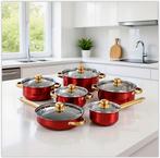 12-delige roestvrijstalen kookset met gouden handgrepen, Huis en Inrichting, Keuken | Potten en Pannen, Inox, Inductieplaat, Nieuw