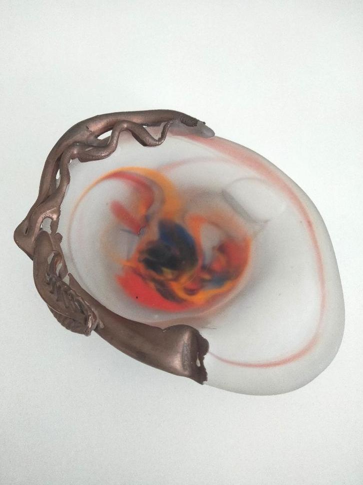 Vintage kunst glas vide poche met bronzen rand gesigneerd, Antiek en Kunst, Kunst | Overige Kunst, Ophalen of Verzenden