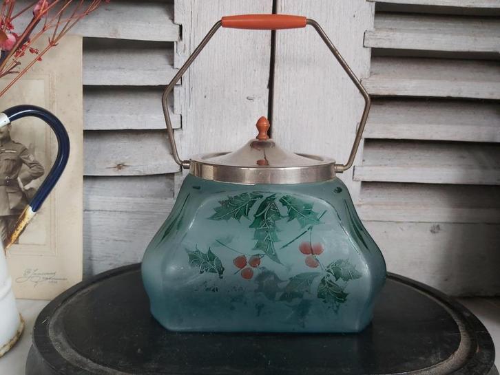 Prachtige oude handbeschilderde glazen snoep / koekjes pot, Antiek en Kunst, Antiek | Glaswerk en Kristal, Ophalen of Verzenden