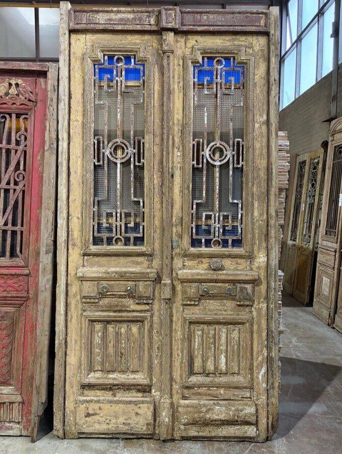 Antieke Deur met Gietijzeren Houten Entree 146x286 cm, Ophalen of Verzenden