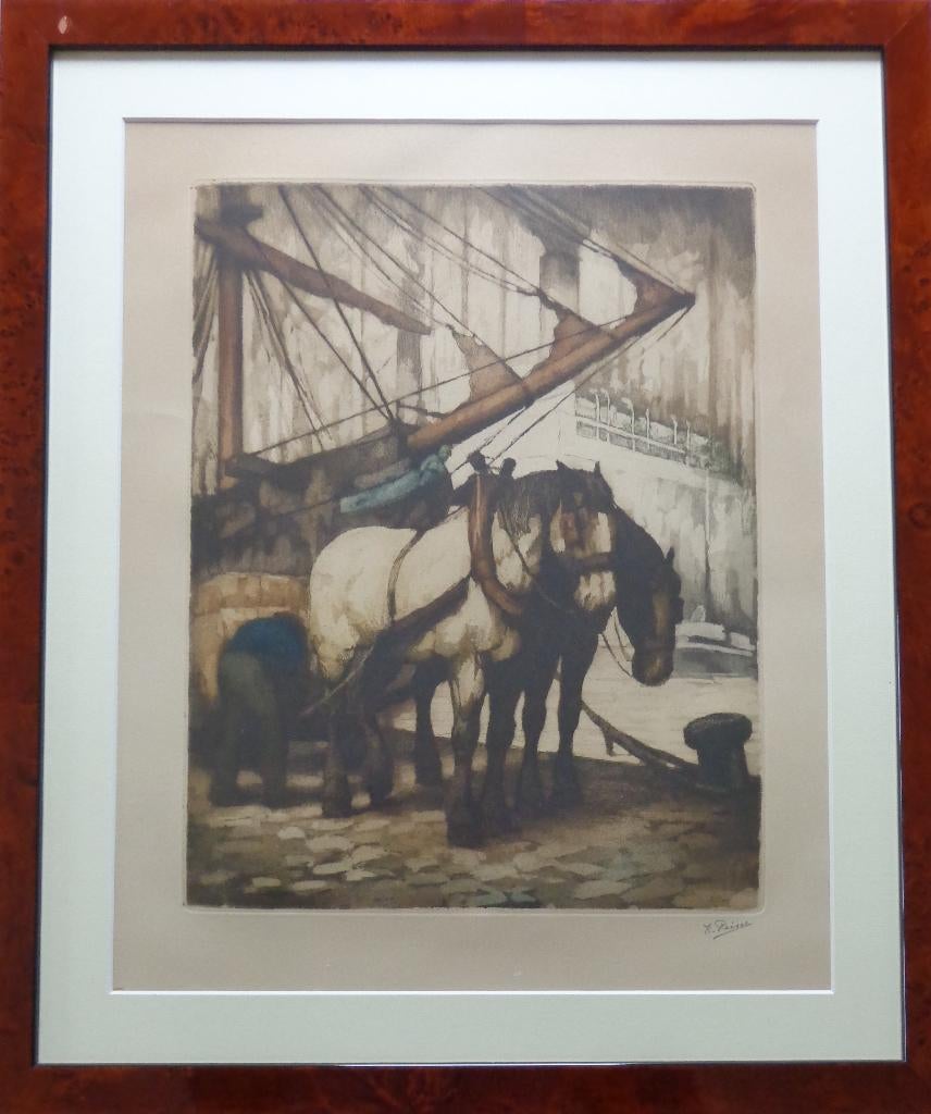 KURT PEISER / PAARDEN IN DE HAVEN / KLEURETS / 65x55cm KADER, Enlèvement ou Envoi