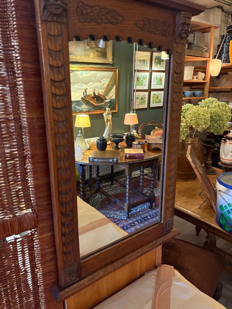 Prachtige Antieke Eikenhouten Spiegel., Antiek en Kunst, Ophalen of Verzenden, Rechthoekig, 50 tot 100 cm, Minder dan 100 cm