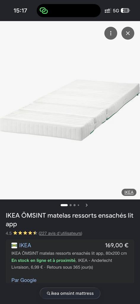 IKEA ÖMSINT matelas ressorts ensachés lit, Maison & Meubles, Enlèvement, Utilisé, Matelas