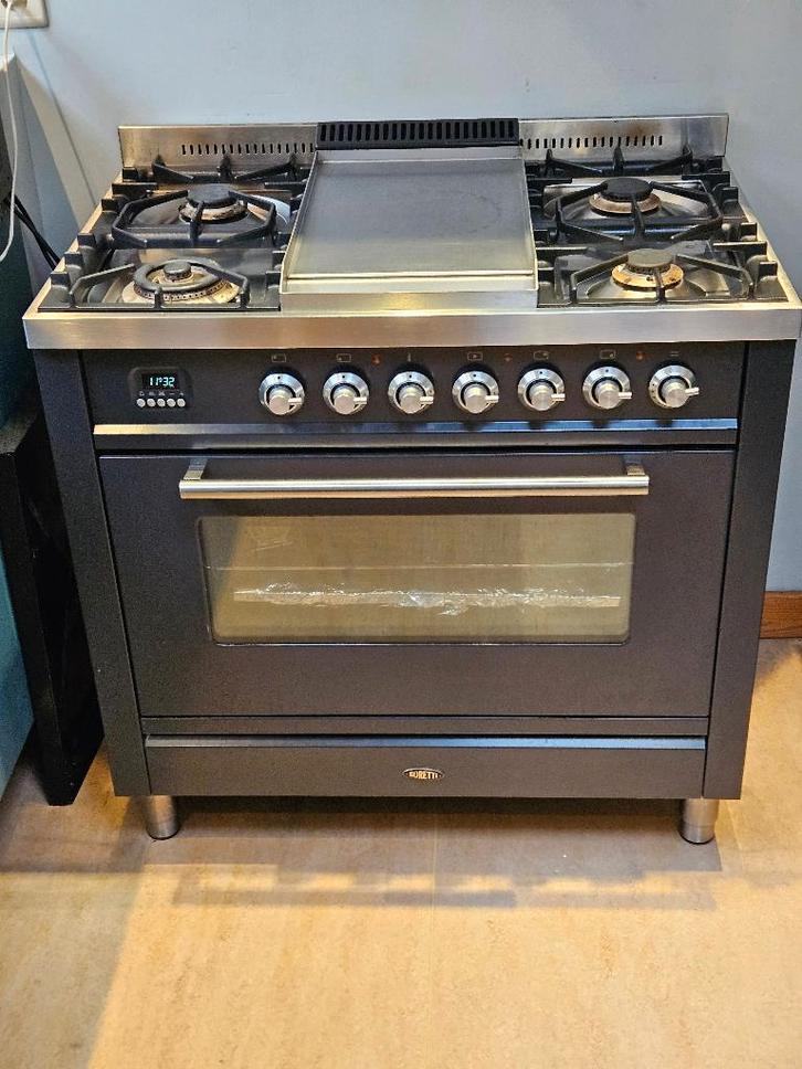 Antraciet Boretti Fornuis (90cm) met Frytop, Elektronische apparatuur, Fornuizen, Gebruikt, Vrijstaand, Gas, 5 kookzones of meer