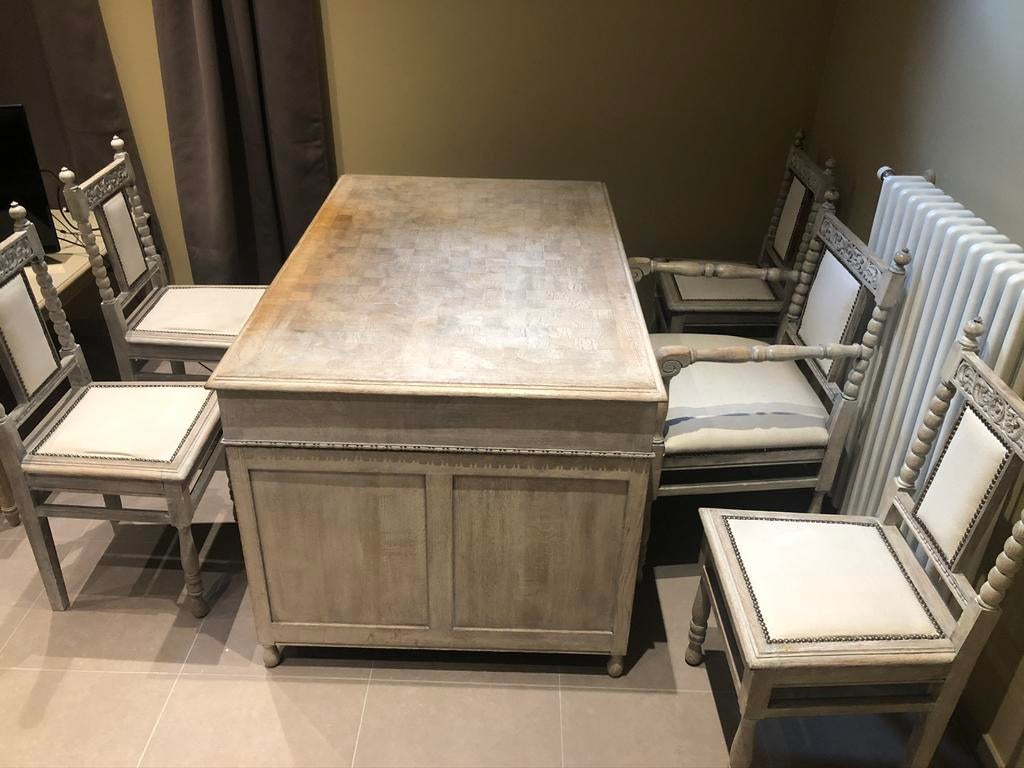 Handgemaakte massief houten bureau + stoelen – uniek stuk, Klassiek, Ophalen, Gebruikt