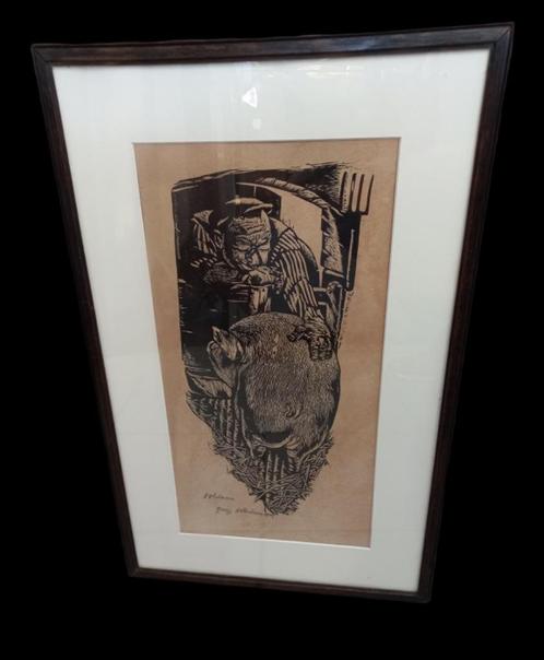 Voldaan George Noteboom 1906-1987 houtsnede., Antiquités & Art, Art | Eaux-fortes & Gravures, Enlèvement ou Envoi
