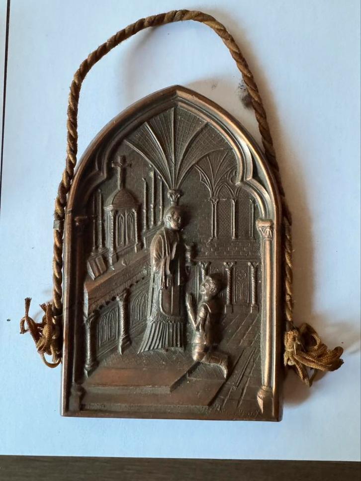 Oude metalen wandplaat Gotische kerk België, Antiek en Kunst, Antiek | Brons en Koper, Brons, Ophalen of Verzenden