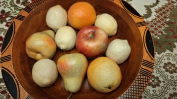 Fruits contrefaits : pomme, poire, citron, orange.