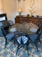 Achthoekige glazen tafel +6 zwarte rotanstoelen, Huis en Inrichting, Stoelen, Ophalen, Gebruikt, Zwart, Riet of Rotan