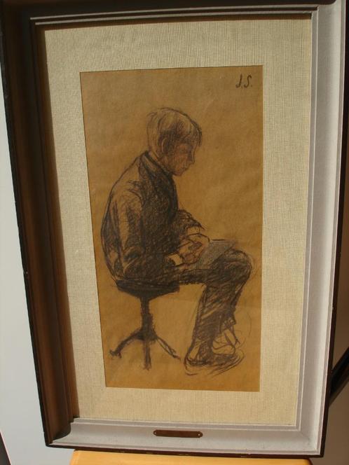 JACOB SMITS fusain pastel garçon lisant assis sur tabouret, Antiquités & Art, Art | Peinture | Classique, Enlèvement