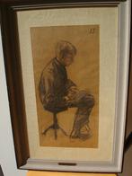 JACOB SMITS pastel fusain & krijt lezende jongen op tabouret, Ophalen