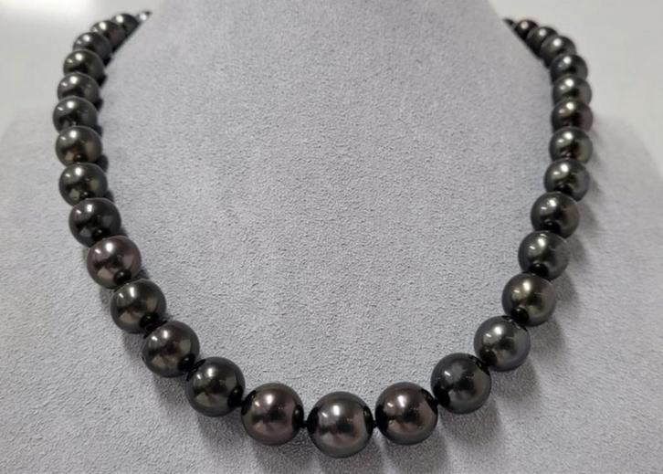 14 kt witgouden halsketting met Dark Peacock Tahitian parels, Handtassen en Accessoires, Kettingen, Zo goed als nieuw, Ophalen of Verzenden