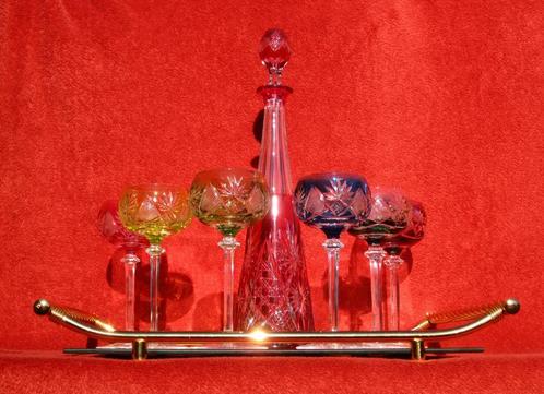 VSL serveerblad + glazen + rode karaf Val Saint Lambert., Antiek en Kunst, Antiek | Glaswerk en Kristal, Ophalen