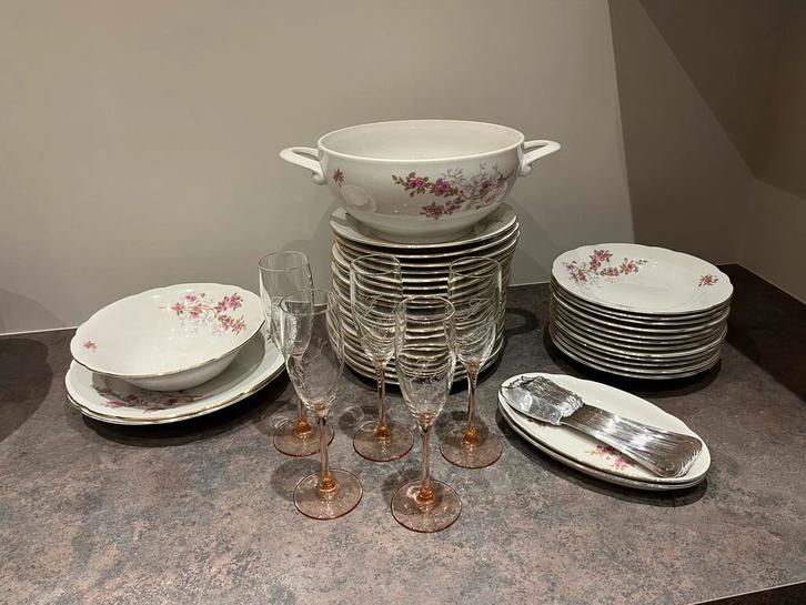 Serviesset met porselein gegraveerd glazen vismes, Antiek en Kunst, Antiek | Servies compleet, Ophalen