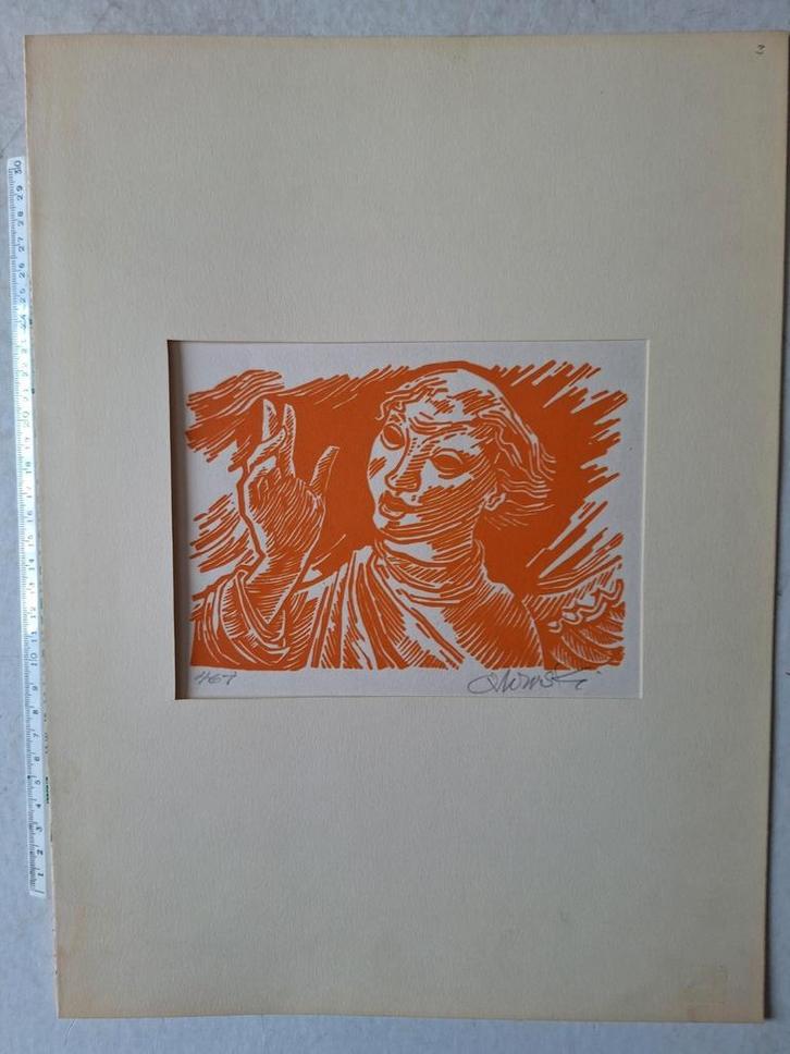 Houtsnede Hans Orlowski "Man in oranje", Antiek en Kunst, Kunst | Etsen en Gravures, Ophalen of Verzenden