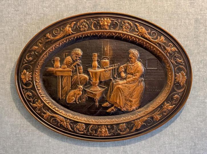 Antieke koperen wandplaat met reliëf, Antiek en Kunst, Antiek | Brons en Koper, Koper, Ophalen of Verzenden