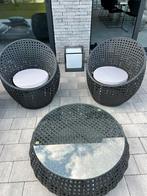 Table basse et 2 fauteuils de jardin en rotin noir, Comme neuf, Rotin
