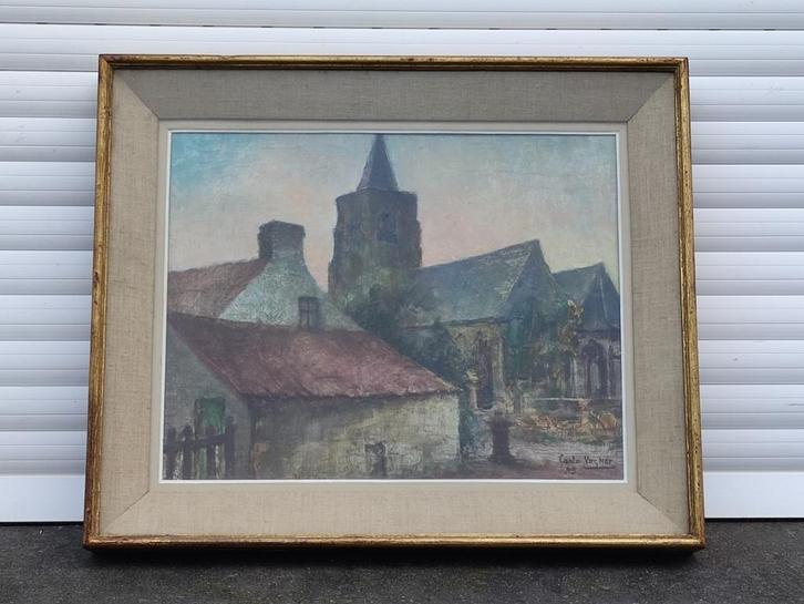 Huile sur panneau eglise signe carlo van her, Antiek en Kunst, Kunst | Schilderijen | Klassiek, Ophalen