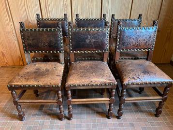 Set van 6 antieke lederen stoelen beschikbaar voor biedingen