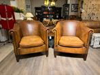 2  Vintage schapenleren fauteuils Cognac zetels chesterfield, Ophalen of Verzenden