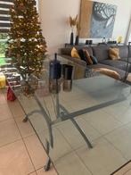 Glazen tafel met smeetijzeren frame, Huis en Inrichting, 200 cm of meer, 50 tot 100 cm, Glas, Gebruikt