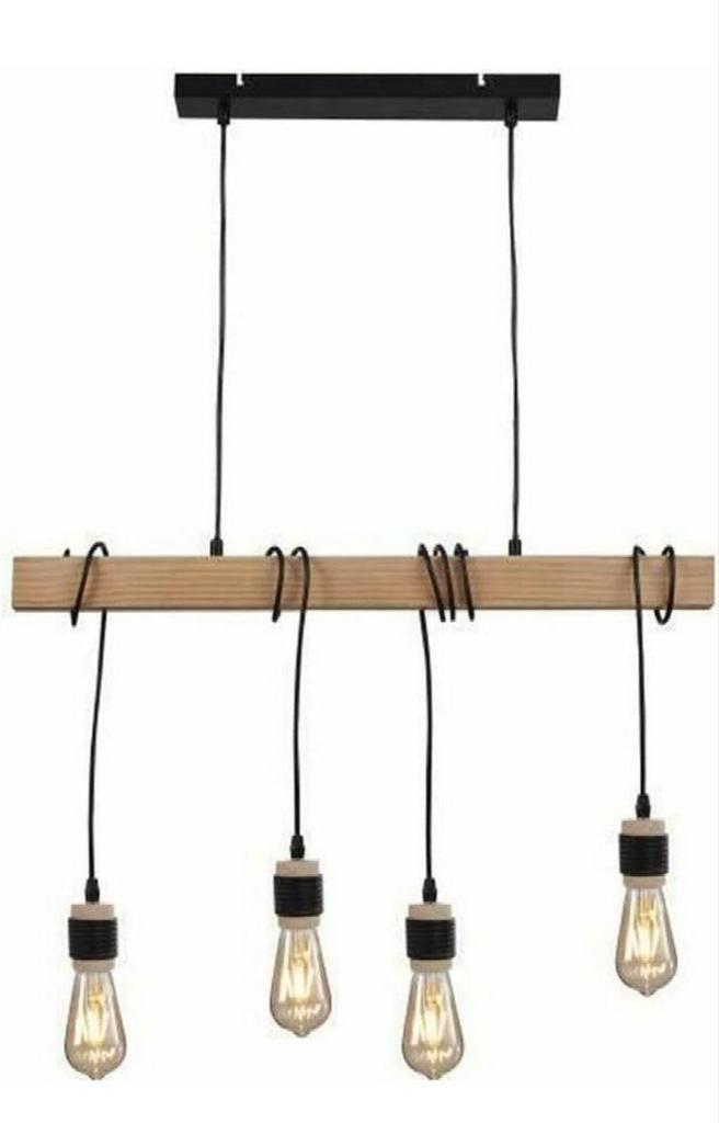 Industriële houten ophanging - lampen met 4 koppen meegeleve, Huis en Inrichting, Lampen | Hanglampen, Zo goed als nieuw, Hout
