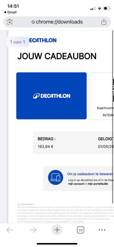 Bon Decathlon, Tickets en Kaartjes, Kortingen en Cadeaubonnen, Cadeaubon