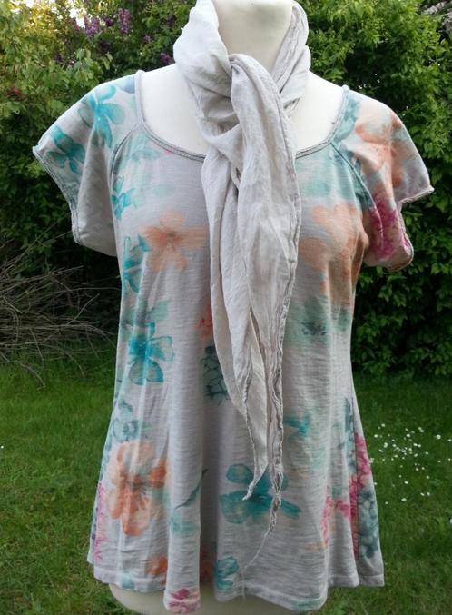 t-shirt beige bloemen groen oranje rood + sjaaltje Nieuw TU, Kleding | Dames, T-shirts, Nieuw, Maat 38/40 (M), Beige, Korte mouw