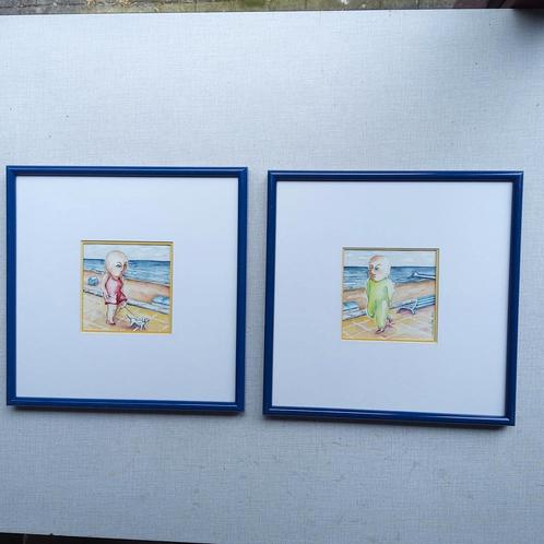Duo "Ontmoeting op de zeedijk "originele aquarellen., Antiek en Kunst, Kunst | Schilderijen | Modern, Ophalen of Verzenden