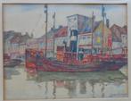 ALFONS VAN BEURDEN / BOOTJES AAN KADE / ORIGINEEL / 48x56cm, Antiek en Kunst, Ophalen of Verzenden
