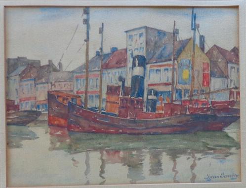 ALFONS VAN BEURDEN / BOOTJES AAN KADE / ORIGINEEL / 48x56cm, Antiek en Kunst, Kunst | Schilderijen | Modern, Ophalen of Verzenden