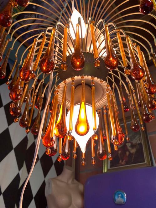 Vintage druppel luster, Huis en Inrichting, Lampen | Kroonluchters, Gebruikt, Glas, Metaal, Ophalen