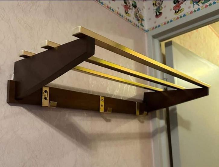 Étagère murale porte manteau murale vintage bois / laiton, Antiek en Kunst, Antiek | Woonaccessoires, Ophalen of Verzenden