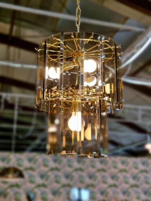 Vintage kroonluchter messing rookglas 70s, Huis en Inrichting, Lampen | Kroonluchters, Gebruikt, Ophalen